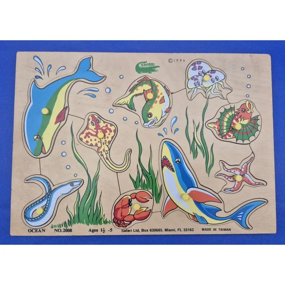 Vintage Ocean Creatures Wood Peg Puzzle Ages 1.5-5 Years Safari Ltd